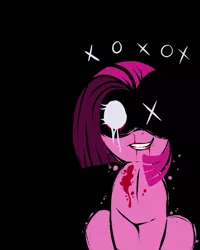 Size: 714x892 | Tagged: artist:lulubell, black background, bleeding eyes, blood, derpibooru import, grimdark, grin, pinkamena diane pie, pinkie pie, simple background, smiling, solo