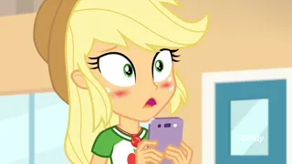 Size: 1365x767 | Tagged: safe, derpibooru import, screencap, applejack, equestria girls, equestria girls series, rollercoaster of friendship, blushing, female, geode of super strength, mobile phone, phone, shocked, smartphone, solo