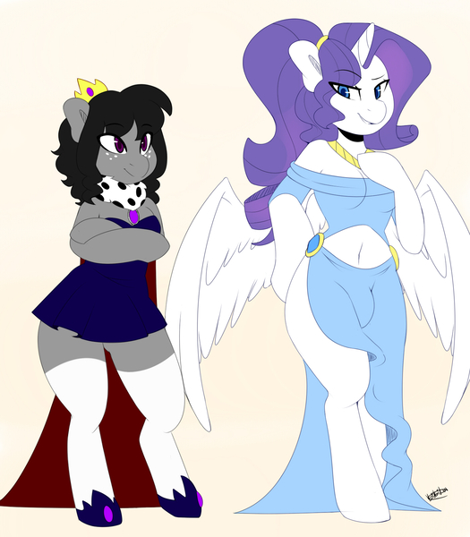 Size: 1400x1599 | Tagged: alicorn, amulet, anthro, artist:kikiluv, breasts, busty rarity, clothes, crotch bulge, crown, derpibooru import, dress, female, futa, futa rarity, intersex, jewelry, looking at you, necklace, oc, oc:queen size, questionable, rarity, regalia, shoes, socks, spread wings, thigh highs, unguligrade anthro, wings