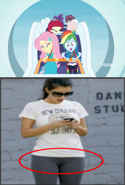 Size: 763x1128 | Tagged: questionable, derpibooru import, edit, edited screencap, screencap, fluttershy, rainbow dash, roseluck, human, equestria girls, equestria girls series, rollercoaster of friendship, cameltoe, comparison, discovery family logo, irl, irl human, photo, stop the ride