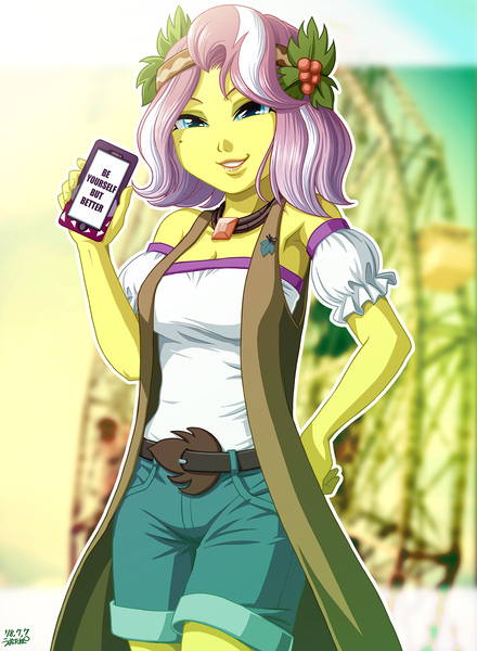 Size: 880x1200 | Tagged: safe, artist:uotapo, derpibooru import, vignette valencia, equestria girls, equestria girls series, rollercoaster of friendship, armpits, beauty mark, bybb, clothes, female, flower, flower in hair, mobile phone, phone, shirt, shorts, solo