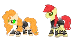 Size: 2254x1284 | Tagged: safe, artist:boringbases, artist:darbypop1, artist:osipush, artist:shootingstaryt, artist:yadimiku011, derpibooru import, bright mac, pear butter, earth pony, pony, alternate universe, angry, applejack's parents, armor, base used, colored sclera, corrupted, evil, female, glowing eyes, green sclera, helmet, male, mind control, possessed, simple background, sombra eyes, sombra soldier, sombrafied, spikes, stallion, transparent background, unshorn fetlocks