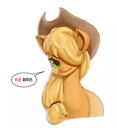 Size: 900x987 | Tagged: safe, artist:mrs1989, derpibooru import, applejack, earth pony, pony, cowboy hat, dialogue, female, freckles, hair over one eye, hat, korean, mare, simple background, solo, speech bubble, stetson, white background