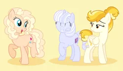 Size: 1024x594 | Tagged: safe, artist:amberclarity, derpibooru import, oc, oc:clarissa crystal, oc:golden gala, oc:hummingbird, unofficial characters only, earth pony, pegasus, pony, unicorn, female, magical lesbian spawn, mare, offspring, parent:applejack, parent:fluttershy, parent:pinkie pie, parent:rainbow dash, parent:rarity, parent:twilight sparkle, parents:appledash, parents:flutterpie, parents:rarilight, simple background, yellow background