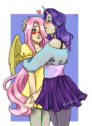 Size: 701x960 | Tagged: safe, artist:blueberry-ghost, derpibooru import, fluttershy, rarity, human, pegasus, pony, unicorn, clothes, female, flarity, heart, horned humanization, hug, humanized, kissing, lesbian, nail polish, pantyhose, shipping, skirt, winged humanization, wings