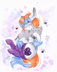 Size: 844x1065 | Tagged: safe, artist:scootiegp, derpibooru import, oc, unofficial characters only, cat, unicorn, blushing, clothes, cute, female, mare, plushie, pusheen, smiling, socks, striped socks, traditional art, watercolor painting
