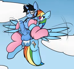 Size: 1246x1148 | Tagged: explicit, artist:mr. rottson, deleted from derpibooru, derpibooru import, rainbow dash, oc, oc:tinker doo, pegasus, pony, unicorn, anal, balls, blue penis, canon x oc, clothes, cloud, collar, crossdressing, cum, female, flying, full package futa, futa, futa on male, futa rainbow dash, glasses, horsecock, male, mile high club, nudity, penetration, penis, sex, socks, stockings, thigh highs