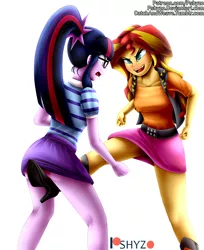Size: 832x1020 | Tagged: suggestive, artist:pshyzomancer, derpibooru import, sci-twi, sunset shimmer, twilight sparkle, equestria girls, equestria girls series, rollercoaster of friendship, abuse, boots, clothes, commission, cunt busting, cunt punt, glasses, groin attack, high heel boots, image, kick, legs, out of character, panties, patreon, patreon logo, png, ponytail, scitwibuse, shoes, simple background, skirt, skirt lift, striped underwear, thighs, twilybuse, underwear, upskirt, white background