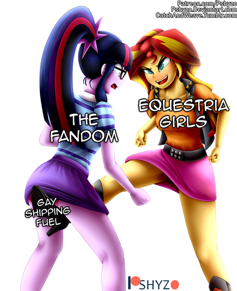 Size: 832x1020 | Tagged: questionable, alternate version, artist:pshyzomancer, derpibooru import, sci-twi, sunset shimmer, twilight sparkle, equestria girls, equestria girls series, rollercoaster of friendship, abuse, commission, cunt busting, cunt punt, groin attack, image, kick, meme, patreon, patreon logo, png, simple background, text, white background