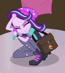 Size: 622x702 | Tagged: safe, derpibooru import, screencap, starlight glimmer, equestria girls, mirror magic, spoiler:eqg specials, animated, beanie, clothes, cropped, female, gif, hat, mirror, nervous, scared, shoulder bag, solo, talking