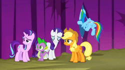 Size: 480x270 | Tagged: angry, animated, annoyed, applejack, curtains, derpibooru import, flying, gif, horse play, irritated, rainbow dash, rainbow dumb, rarity, safe, screencap, spike, stage, starlight glimmer