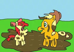 Size: 846x600 | Tagged: 1000 hours in ms paint, apple bloom, applejack, artist:amateur-draw, derpibooru import, downvote bait, ms paint, mud, muddy, playing, safe