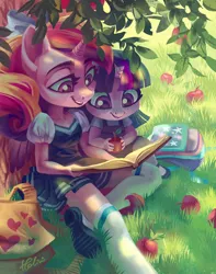 Size: 1771x2244 | Tagged: safe, artist:holivi, derpibooru import, princess cadance, twilight sparkle, alicorn, anthro, unicorn, apple, apple tree, backpack, book, bow, clothes, cute, cutedance, daaaaaaaaaaaw, duo, female, food, grass, image, jpeg, mary janes, pleated skirt, shirt, shoes, skirt, socks, teen princess cadance, thigh highs, tree, twiabetes, weapons-grade cute, younger, zettai ryouiki