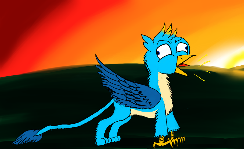 Size: 1024x627 | Tagged: safe, artist:horsesplease, derpibooru import, gallus, gryphon, behaving like a rooster, birb, crowing, derp, gallus the rooster, majestic as fuck, morning, namesake, pun, solo, sunrise