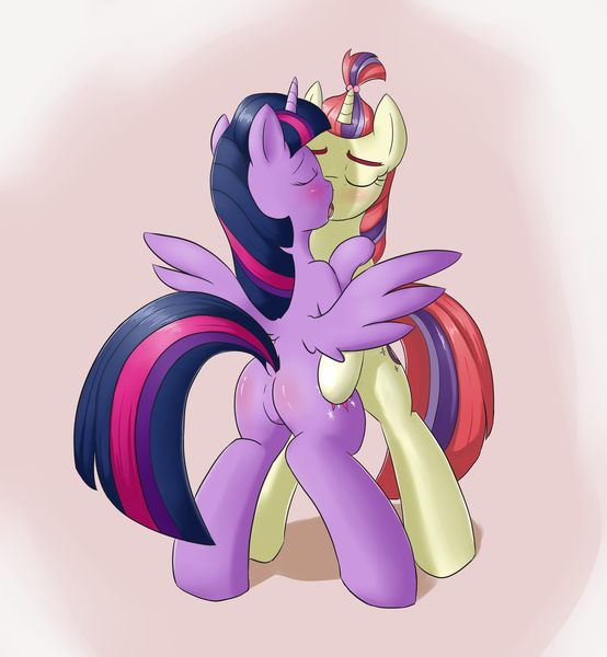 Size: 2400x2600 | Tagged: suggestive, artist:mingy.h, derpibooru import, moondancer, twilight sparkle, twilight sparkle (alicorn), alicorn, pony, blushing, butt blush, drool, eyes closed, female, french kiss, kissing, lesbian, nudity, shipping, simple background, twidancer