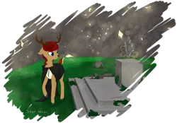 Size: 2013x1404 | Tagged: antlers, artist:star north, cloak, clothes, deer, deer oc, derpibooru import, fordeer, non-pony oc, oc, oc:stoutbook, original species, rock, ruins, runes, safe, simple background, solo, transparent background, unofficial characters only