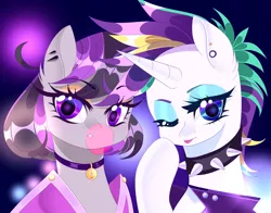 Size: 1400x1100 | Tagged: safe, artist:clefficia, derpibooru import, octavia melody, rarity, earth pony, pony, unicorn, alternate hairstyle, bubblegum, choker, collar, female, food, gum, looking at you, mare, one eye closed, punk, raripunk, rocktavia, short mane, spiked choker, spiked collar, tongue out