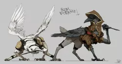 Size: 2560x1340 | Tagged: albino, armor, artist:quiet-victories, barely pony related, colored sketch, damaged wing, derpibooru import, duo, duo male, fantasy class, hood, knife, leather armor, male, mouth hold, original species, ravenwolf, red eyes, rogue, safe, weapon