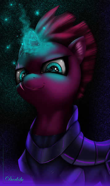 Size: 3200x5400 | Tagged: safe, artist:darksly, derpibooru import, tempest shadow, pony, unicorn, my little pony: the movie, :3, absurd resolution, armor, broken horn, electricity, eye scar, female, glowing horn, mare, scar, signature, smiling, solo