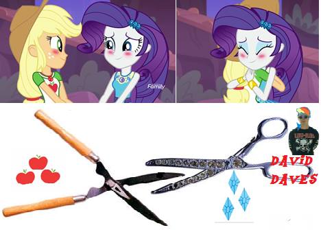 Size: 468x335 | Tagged: safe, derpibooru import, applejack, rarity, equestria girls, equestria girls series, rollercoaster of friendship, blushing, cutie mark, female, hug, implied tribadism, lesbian, meme, pun, rarijack, scissors, shipping, visual pun