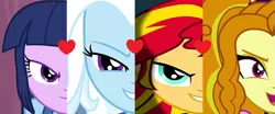 Size: 751x313 | Tagged: safe, derpibooru import, edit, adagio dazzle, sunset shimmer, trixie, twilight sparkle, equestria girls, rainbow rocks, evil grin, female, grin, lesbian, quartet, shipping, shipping domino, smiling, smirk, sunsagio, suntrix, twixie