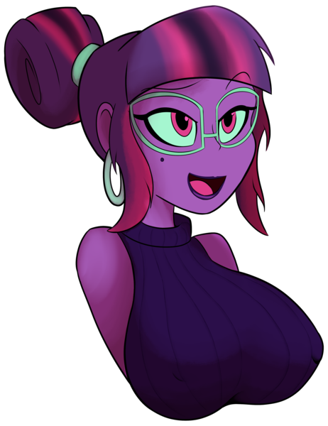 Size: 3000x3900 | Tagged: suggestive, artist:7los7, derpibooru import, sci-twi, twilight sparkle, equestria girls, big breasts, breasts, bust, busty sci-twi, busty twilight sparkle, clothes, erect nipples, female, glasses, hair bun, midnight sparkle, nipple outline, raised eyebrow, simple background, smiling, solo, solo female, transparent background
