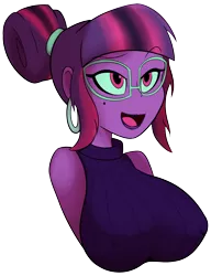 Size: 3000x3900 | Tagged: suggestive, artist:7los7, derpibooru import, sci-twi, twilight sparkle, equestria girls, big breasts, breasts, bust, busty sci-twi, busty twilight sparkle, clothes, erect nipples, female, glasses, hair bun, midnight sparkle, nipple outline, raised eyebrow, simple background, smiling, solo, solo female, transparent background