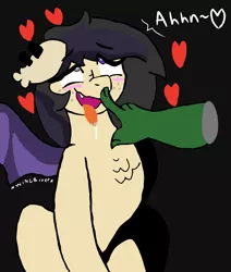 Size: 869x1024 | Tagged: suggestive, artist:/d/non edits, artist:darkwolfhybrid, derpibooru import, edit, oc, oc:anon, oc:darkius wolficus, bat pony, pony, ahegao, bat pony oc, blushing, boop, boopgasm, chest fluff, dialogue, disembodied hand, eyes rolling back, hand, heart, heterochromia, moan, open mouth, spread wings, tongue out, wingboner, wings