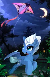 Size: 1550x2375 | Tagged: safe, artist:yakovlev-vad, derpibooru import, night glider, pegasus, pony, crescent moon, cute, female, glideabetes, kite, mare, moon, night, patreon, patreon reward, scenery, smiling, solo, that pony sure does love the night and gliding, tree