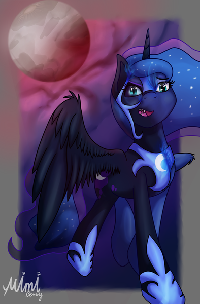 Size: 2100x3200 | Tagged: safe, artist:milkychocoberry, derpibooru import, nightmare moon, princess luna, alicorn, pony, armor, digital art, duality, fangs, female, full moon, helmet, hoof shoes, mare, moon, nightmare luna, open mouth, peytral, simple background, solo, transformation