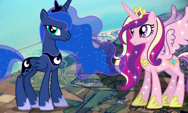 Size: 2047x1232 | Tagged: safe, artist:jerryakira79, derpibooru import, princess cadance, princess luna, alicorn, pony, female, giant ponies in real life, giant pony, macro, mega giant