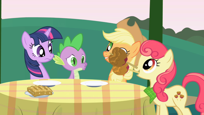 Size: 1280x720 | Tagged: safe, derpibooru import, screencap, apple bumpkin, applejack, spike, twilight sparkle, dragon, earth pony, pony, friendship is magic, apple, apple family member, apple fritter (food), background pony, bandana, candy apple (food), female, food, male, mare, table