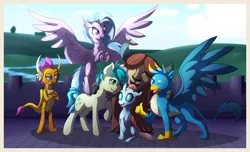Size: 2000x1212 | Tagged: safe, artist:masteroshawott, derpibooru import, gallus, ocellus, sandbar, silverstream, smolder, yona, changedling, changeling, classical hippogriff, dragon, gryphon, hippogriff, yak, crossed arms, dragoness, female, group photo, male, one eye closed, paws, student six, teenager, thumbs up, wink
