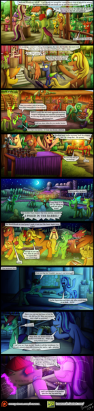 Size: 1200x5233 | Tagged: safe, artist:bonaxor, derpibooru import, big macintosh, starlight glimmer, oc, oc:berzie, oc:kami, oc:lukida, bat pony, changedling, changeling, pony, comic:the greater flame, alcohol, comic, female, lukami, magic, mare, megaphone, wine