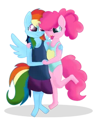 Size: 2550x3300 | Tagged: safe, artist:skyflys, derpibooru import, pinkie pie, rainbow dash, anthro, barefoot, clothes, cute, feet, female, filly pinkie pie, filly rainbow dash, happy, hug, image, lesbian, one-piece swimsuit, pinkiedash, png, shipping, simple background, swimsuit, transparent background, younger