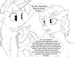 Size: 1980x1530 | Tagged: safe, artist:silfoe, derpibooru import, twilight sparkle, twilight sparkle (alicorn), oc, oc:cheeribun, alicorn, earth pony, pony, royal sketchbook, black and white, description is relevant, dialogue, duo, female, grayscale, mare, monochrome, simple background, speech bubble, white background, wing hold