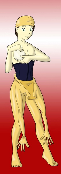 Size: 711x2012 | Tagged: suggestive, artist:vytz, derpibooru import, sunset shimmer, oc, oc:ceri, human, equestria girls, bodysuit, clothes, commission, corset, cosplay, costume, crossdressing, fake breasts, hat, male to female, mask, masking, rule 63, sequence, swimming cap