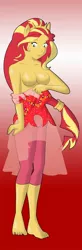 Size: 663x2012 | Tagged: suggestive, artist:vytz, derpibooru import, sunset shimmer, oc, oc:ceri, human, equestria girls, equestria girls series, bodysuit, breasts, clothes, commission, cosplay, costume, crossdressing, fake breasts, featureless breasts, featureless crotch, hood, male to female, mask, masking, pony ears, rule 63, sequence, short pants, sleeveless dress, wig