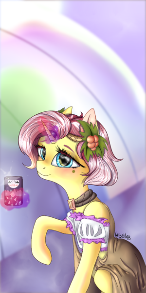 Size: 512x1024 | Tagged: safe, artist:labglab, derpibooru import, vignette valencia, ponified, pony, unicorn, equestria girls, equestria girls series, rollercoaster of friendship, beauty mark, blouse, blue eyes, bybb, choker, clothes, cute, equestria girls ponified, female, holly, looking at you, magic, me my selfie and i, mobile phone, phone, rcf community, solo, valenciadorable, vest