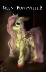 Size: 3300x5100 | Tagged: semi-grimdark, artist:mscolorsplash, derpibooru import, fluttershy, pegasus, pony, fanfic:silent ponyville, bandage, blood, crossover, crying, female, lantern, mare, saddle bag, silent hill, solo, splint, video game