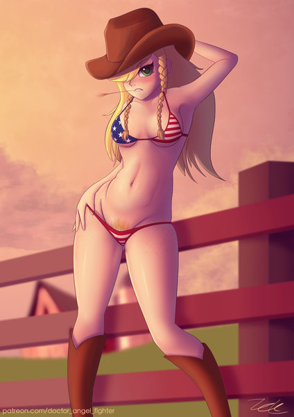 Size: 1119x1583 | Tagged: american flag bikini, amerijack, applejack, applejack's hat, arm behind head, armpits, artist:zelc-face, bikini, boots, breasts, clothes, cowboy boots, cowboy hat, derpibooru import, female, flag bikini, hair over one eye, hat, human, humanized, pubic hair, pubic hair slip, questionable, solo, solo female, stetson, swimsuit