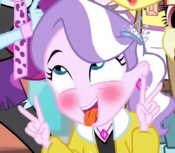 Size: 611x536 | Tagged: suggestive, derpibooru import, edit, edited screencap, screencap, diamond tiara, mystery mint, vignette valencia, equestria girls, equestria girls series, rollercoaster of friendship, ahegao, blushing, clothes, context is for the weak, cropped, me my selfie and i, open mouth, peace sign, tongue out