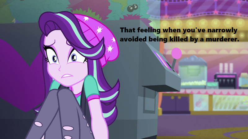 Size: 1280x718 | Tagged: safe, derpibooru import, edit, edited screencap, screencap, starlight glimmer, equestria girls, mirror magic, spoiler:eqg specials, arcade, cinema, concession stand, crouching, implied killer, scared, shrunken pupils, solo, text, tfw