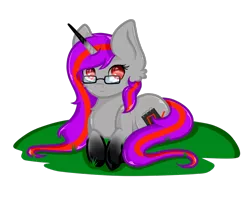 Size: 1000x860 | Tagged: safe, artist:absolitedisaster08, derpibooru import, oc, oc:crimson, pony, unicorn, chibi, female, glasses, mare, prone, simple background, solo, transparent background