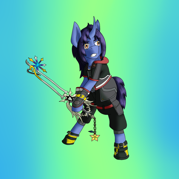 Size: 1600x1600 | Tagged: safe, artist:midnightfire1222, derpibooru import, oc, oc:dynamo pad, unicorn, battle stance, crossover, determination, kingdom hearts, oathkeeper, solo