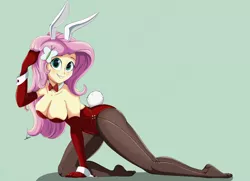 Size: 3000x2172 | Tagged: suggestive, artist:cabrony, artist:raps, derpibooru import, fluttershy, equestria girls, big breasts, blushing, bowtie, breasts, bunny ears, bunny suit, bunny tail, bunnyshy, busty fluttershy, cleavage, clothes, collaboration, cuffs (clothes), evening gloves, female, gloves, leotard, long gloves, missing shoes, pantyhose, playboy, playboy bunny, sexy, smiling, solo, solo female, stupid sexy fluttershy