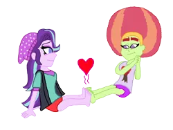 Size: 2933x2200 | Tagged: safe, artist:ktd1993, derpibooru import, starlight glimmer, equestria girls, afro, barefoot, feet, female, footsie, heart, lesbian, shipping, simple background, starhugger, transparent background