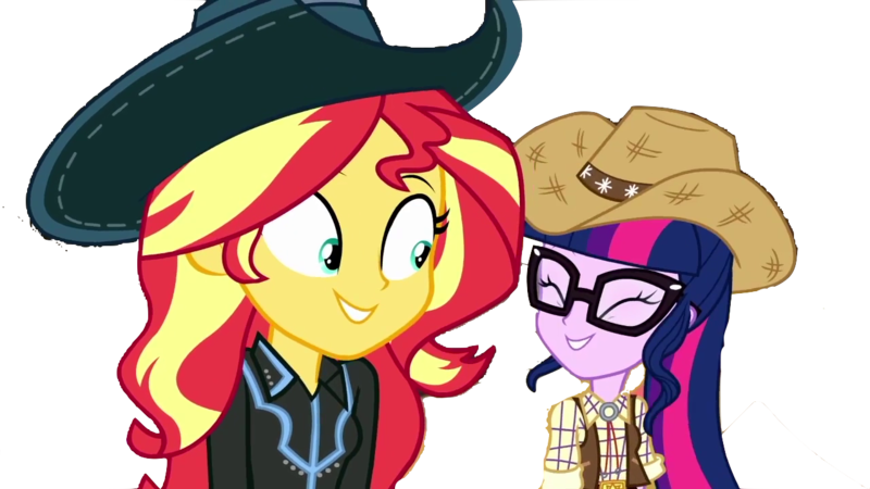 Size: 1280x720 | Tagged: safe, artist:superbobiann, derpibooru import, editor:superbobiann, sci-twi, sunset shimmer, twilight sparkle, equestria girls, equestria girls series, five to nine, cowboy hat, cowgirl, cowgirl outfit, cute, duo, hat, shimmerbetes, simple background, stetson, transparent background, twiabetes