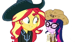 Size: 1280x720 | Tagged: safe, artist:superbobiann, derpibooru import, editor:superbobiann, sci-twi, sunset shimmer, twilight sparkle, equestria girls, equestria girls series, five to nine, cowboy hat, cowgirl, cowgirl outfit, cute, duo, hat, shimmerbetes, simple background, stetson, transparent background, twiabetes