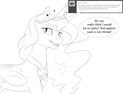 Size: 6600x5100 | Tagged: safe, artist:silfoe, derpibooru import, nightmare moon, alicorn, pony, moonsetmlp, absurd resolution, alternate universe, ask, black and white, dialogue, female, grayscale, lineart, mare, monochrome, sharp teeth, simple background, solo, speech bubble, teeth, tumblr, white background